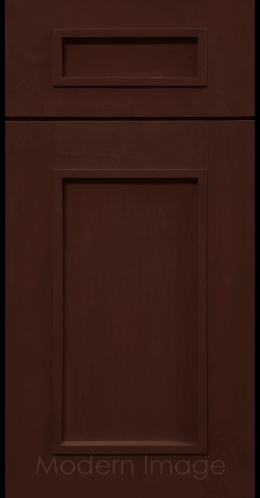 Cherry-stained Gilbert cabinet a recessed flat panel and elevated molding.